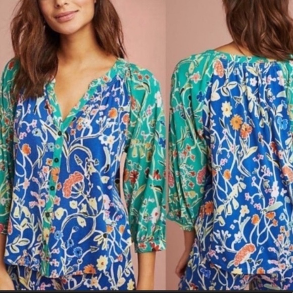 Anthropologie Floreat Floral Button Down Blouse size M oversized Lagenlook - Picture 1 of 12